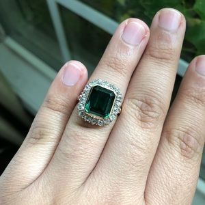Vintage Diamond Ring with bezel set man made Green Center Stone set in 14K Gold